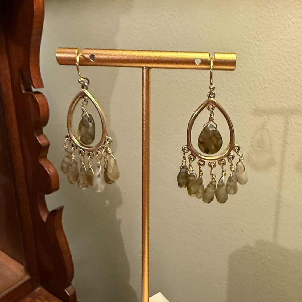 Vintage Antique Gold and Gray/Green Chandelier Teardrop Earrings - Picture 4 of 7